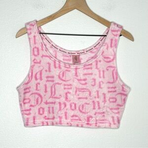 Vintage Y2K Juicy Couture Velour Fleece Tank Crop Top sz L Pink Monogram Pajama